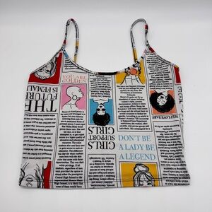 Popular 21 Women's Newspaper Print Cropped Cami Graphic Tank Top Size Small